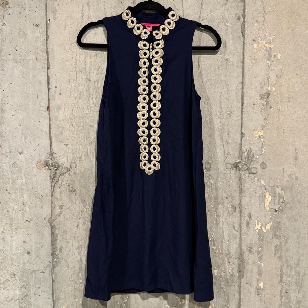 Lilly Pulitzer 0 Navy Blue Metallic Gold Jane Shift Dress Resort Beach Preppy - Picture 1 of 7